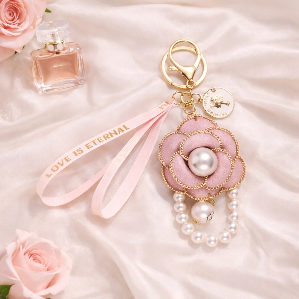 Pink Camellia Floral Keychain / Bag Charm with Pearls